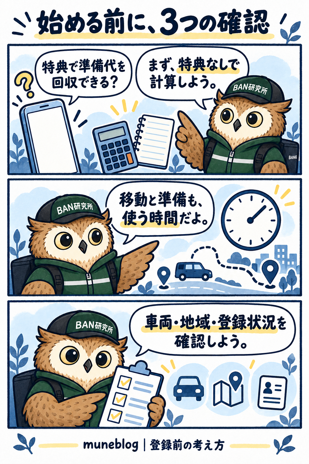 梟のむねさんが、特典なしの費用計算、移動と準備の時間、車両・地域・登録状況の3点を確認する漫画