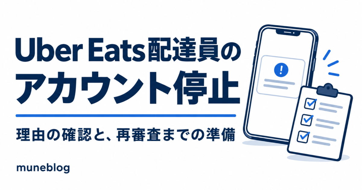 青白の配色でUber Eats配達員のアカウント停止を説明するアイキャッチ。スマートフォンとチェックリストで確認と準備を表す。