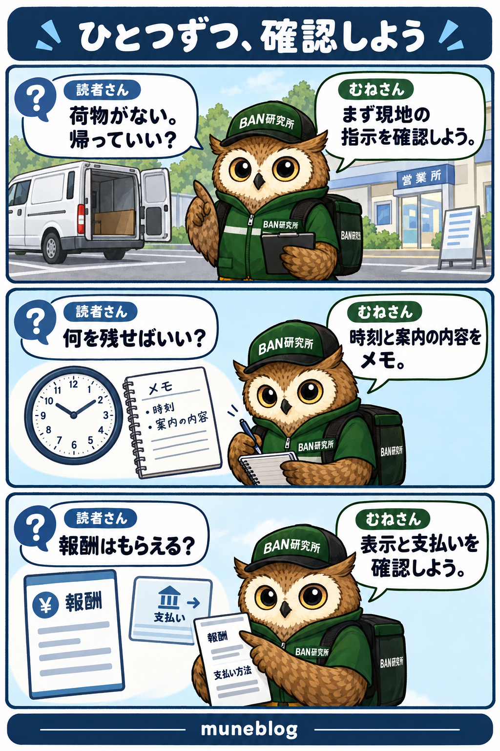梟のむねさんが、荷物がないときの現地指示、時刻の記録、報酬表示の確認を案内する説明漫画
