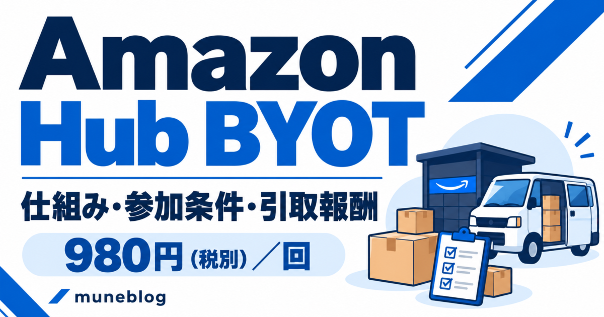 Amazon HubのBYOTとは？仕組み・参加条件・980円の引取報酬を解説。muneblogの青白のアイキャッチ