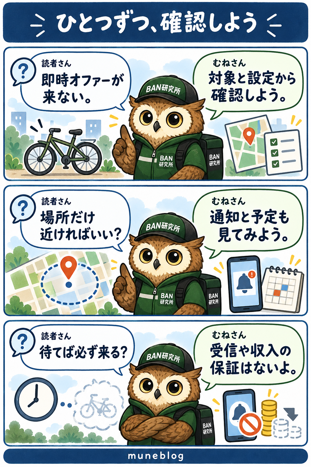 梟のむねさんがAmazon Now即時オファーの対象と設定、通知と予定、受信保証がないことを確認する説明漫画