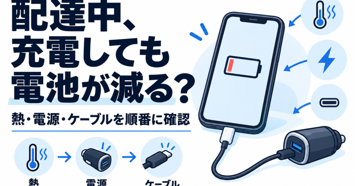 配達中に充電しても電池が減るときの対策を示す青白のアイキャッチ。スマートフォン、車載充電器、ケーブルと、熱・電源・ケーブルの確認項目を描く。