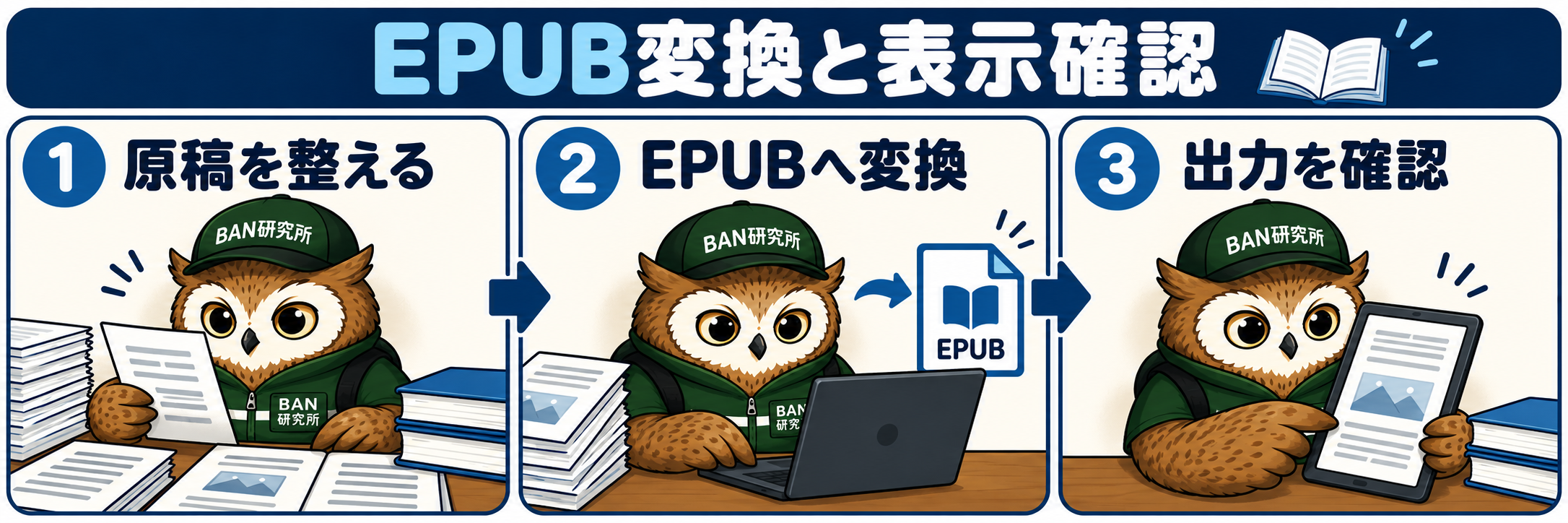 EPUBへの変換方法|Googleドキュメント・Word原稿から楽天Koboへ出版する準備で確認するポイントを、梟のむねさんが三コマで説明する漫画