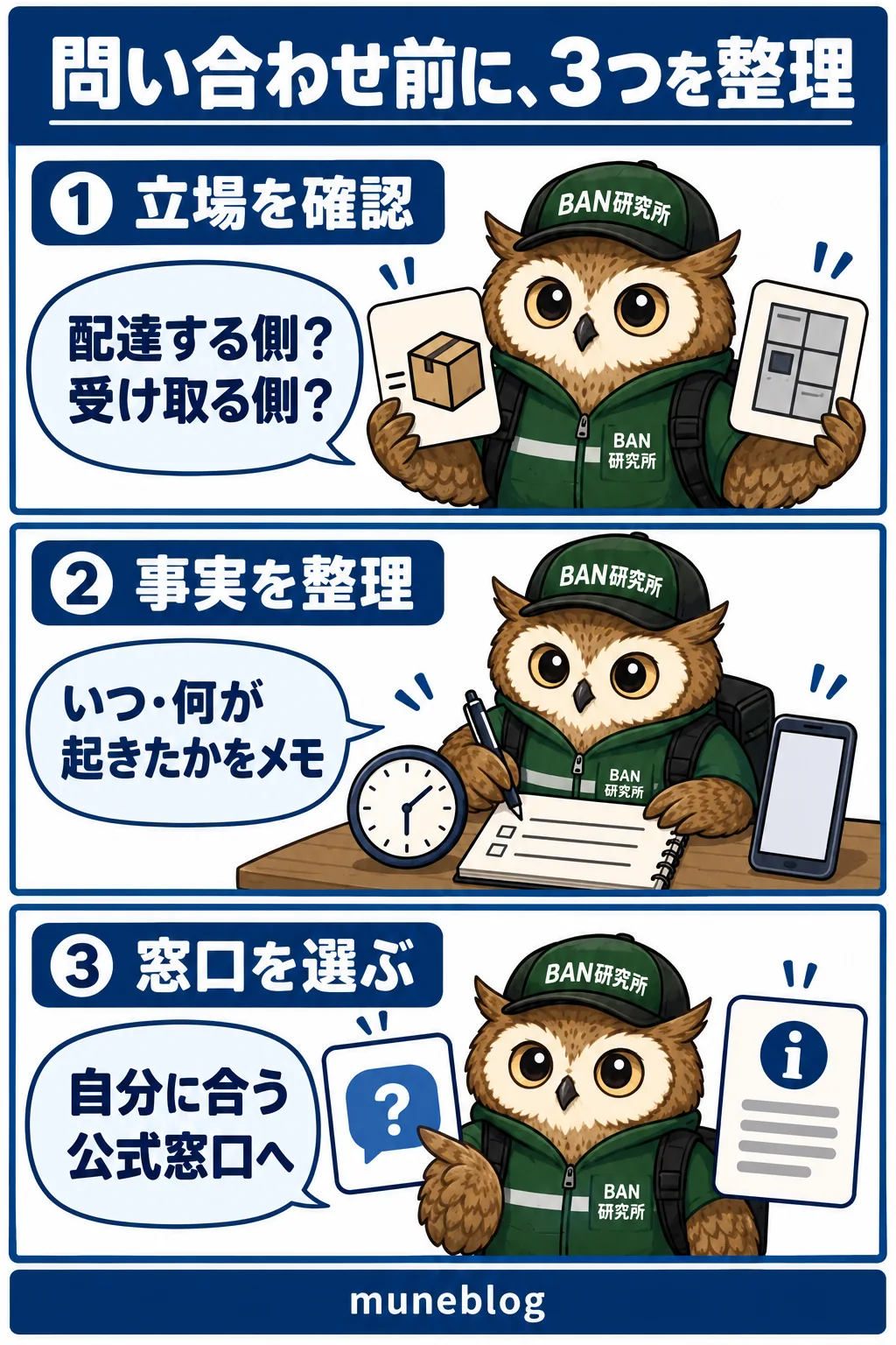 配達する側と受け取る側を分け、事実を整理して公式窓口を選ぶ梟の3コマ漫画