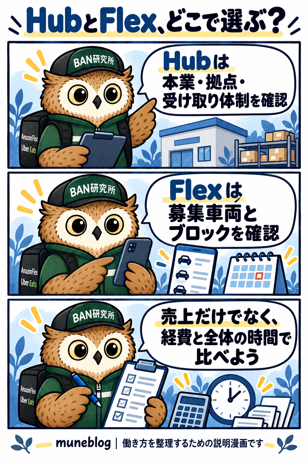 梟のむねさんがHubの拠点と受け取り体制、Flexの募集車両とブロック、経費と時間の比較を説明する3コマ漫画
