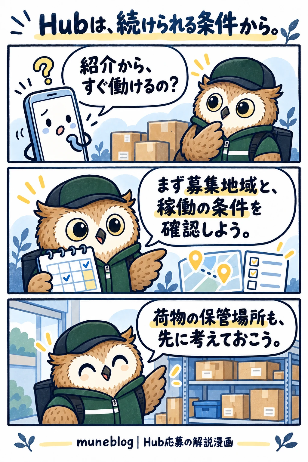 Hub応募前に、募集地域・稼働条件・保管場所を確認しようと梟が案内する漫画。
