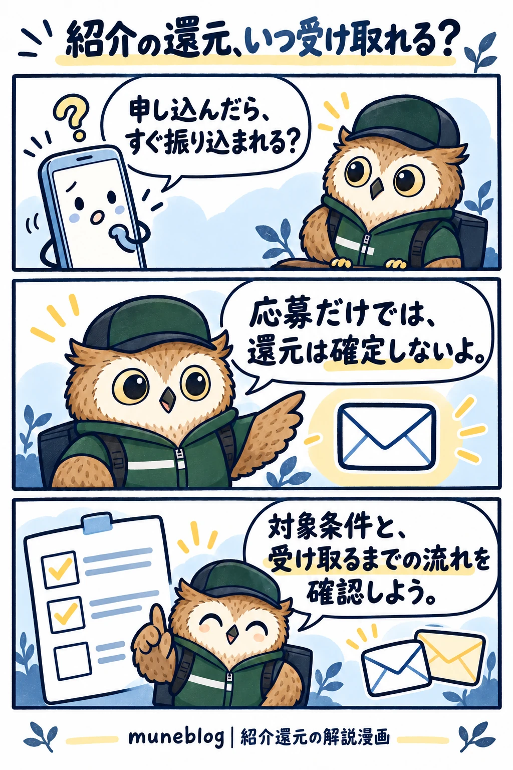紹介還元は応募だけでは確定せず、対象条件と受け取りまでの流れを確認しようと梟が伝える漫画。