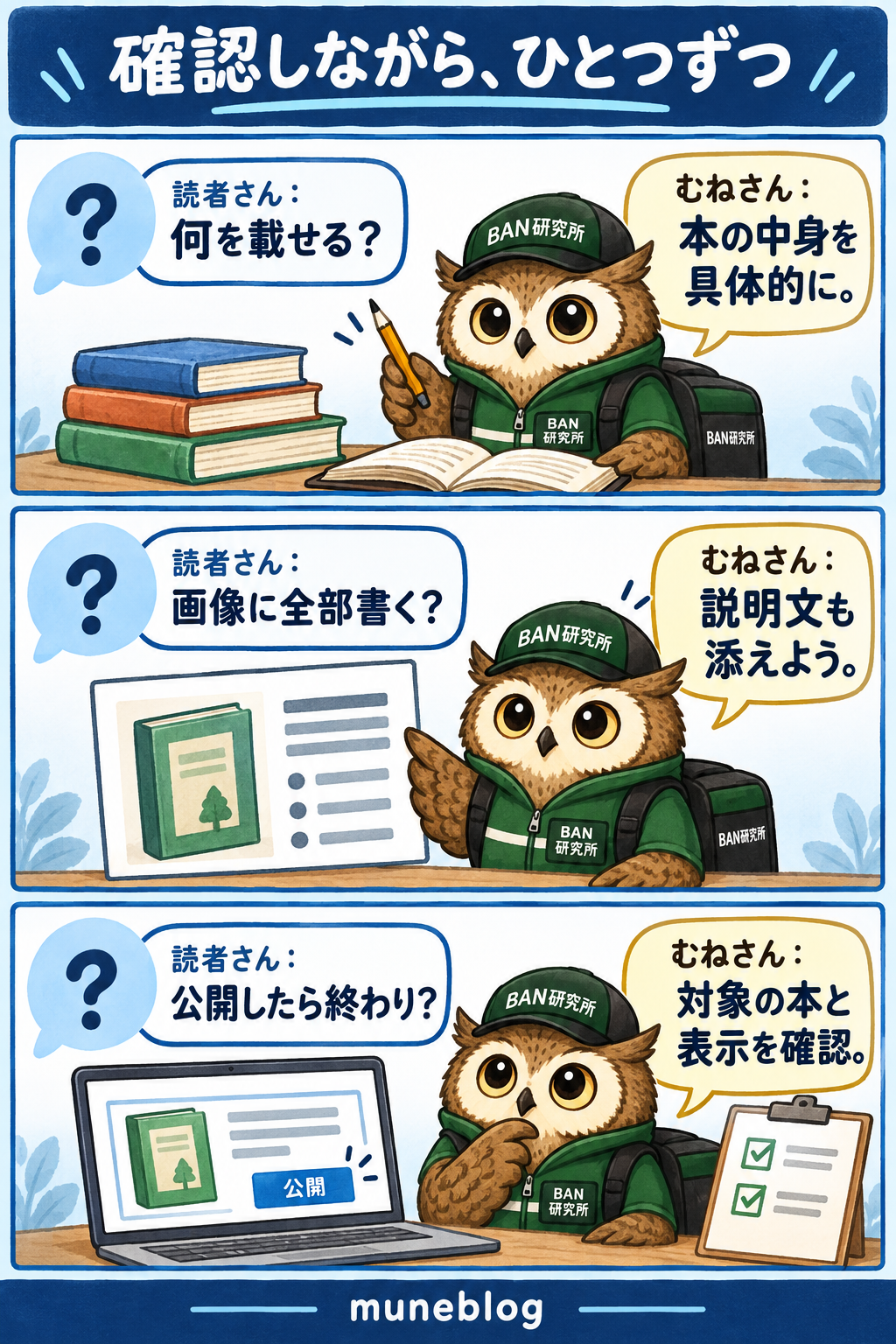 梟のむねさんが、本の内容を具体化し、画像に説明文を添えて、対象の本と表示を確認する説明漫画