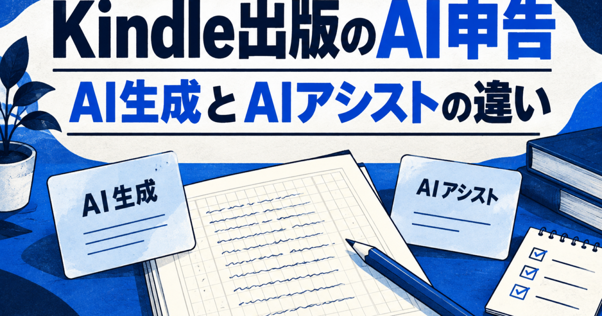 Kindle出版のAI申告。AI生成とAIアシストの違いを確認するタイトル入りイラスト。