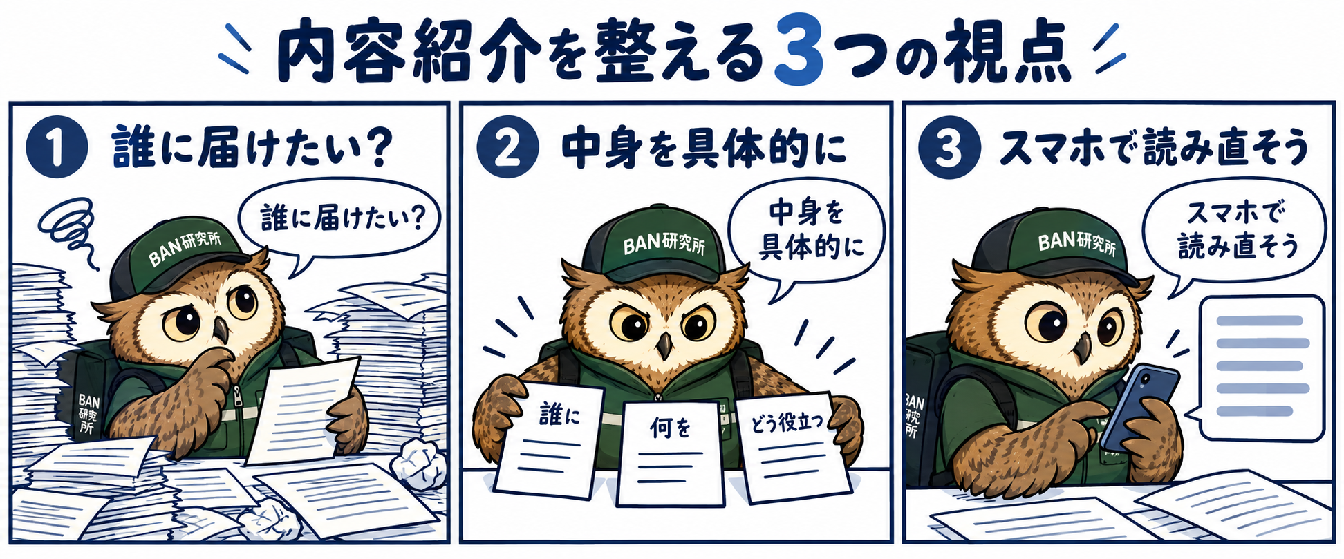 誰に届けたいかを決め、中身を具体的に整理し、スマホで読み直す流れを梟のむねさんが説明する三コマ漫画