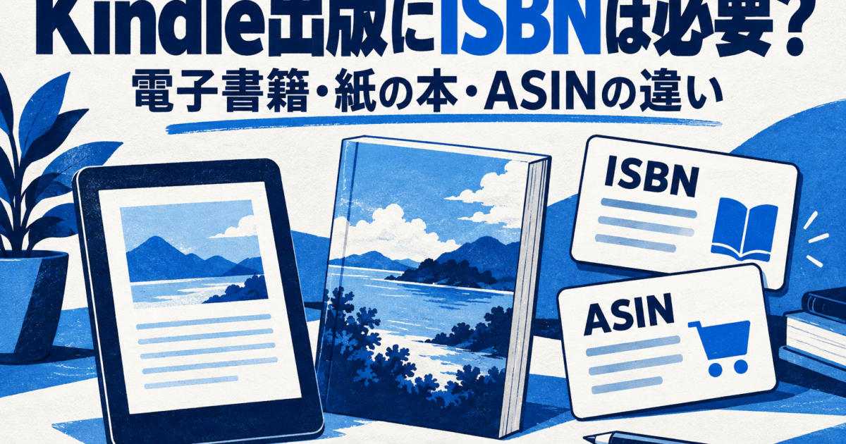 Kindle出版にISBNは必要か、電子書籍、紙の本、ISBNとASINを比較するタイトル入りイラスト。
