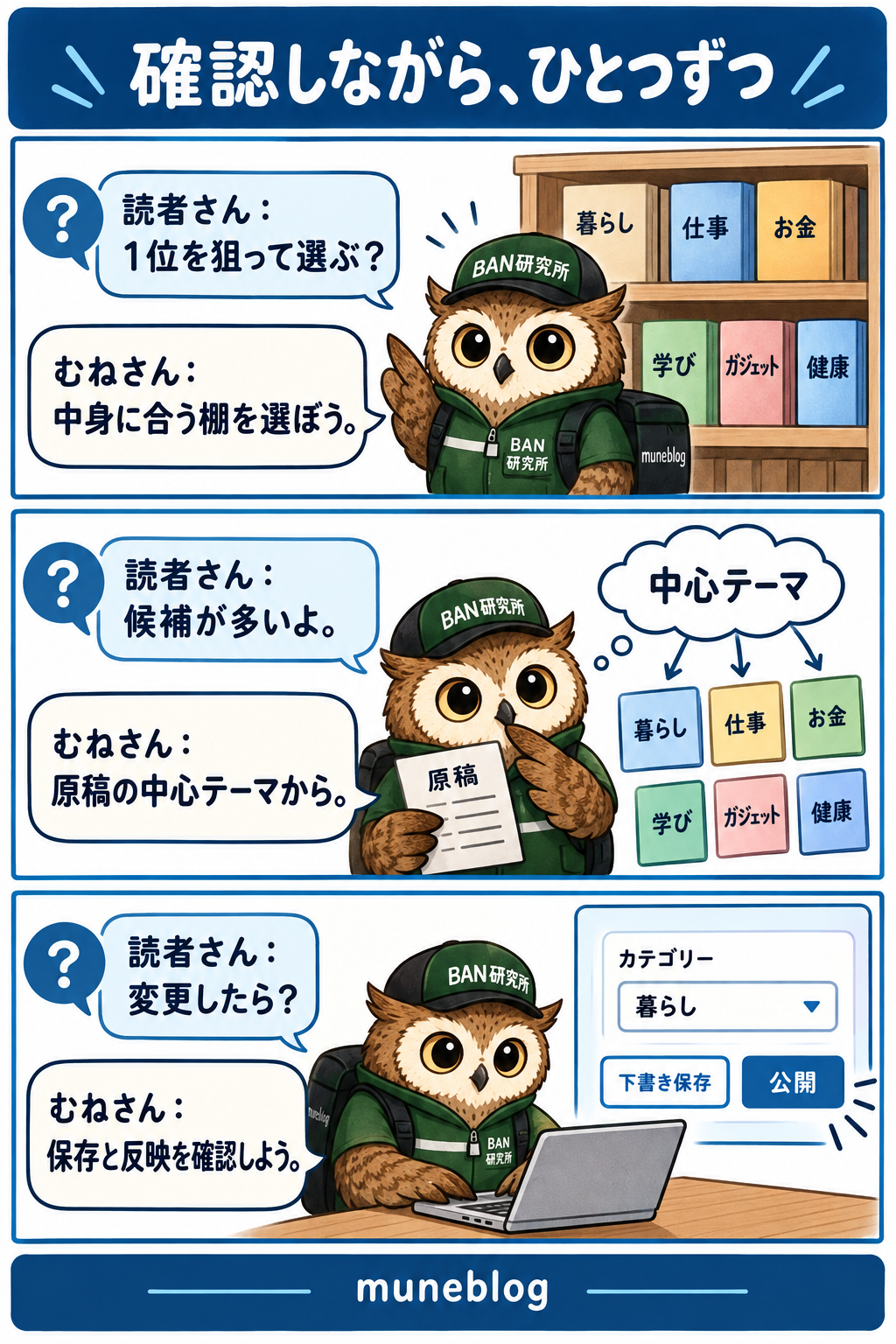 梟のむねさんが順位だけでカテゴリーを選ばず、原稿の主題から棚を選び、保存と反映を確かめる説明漫画