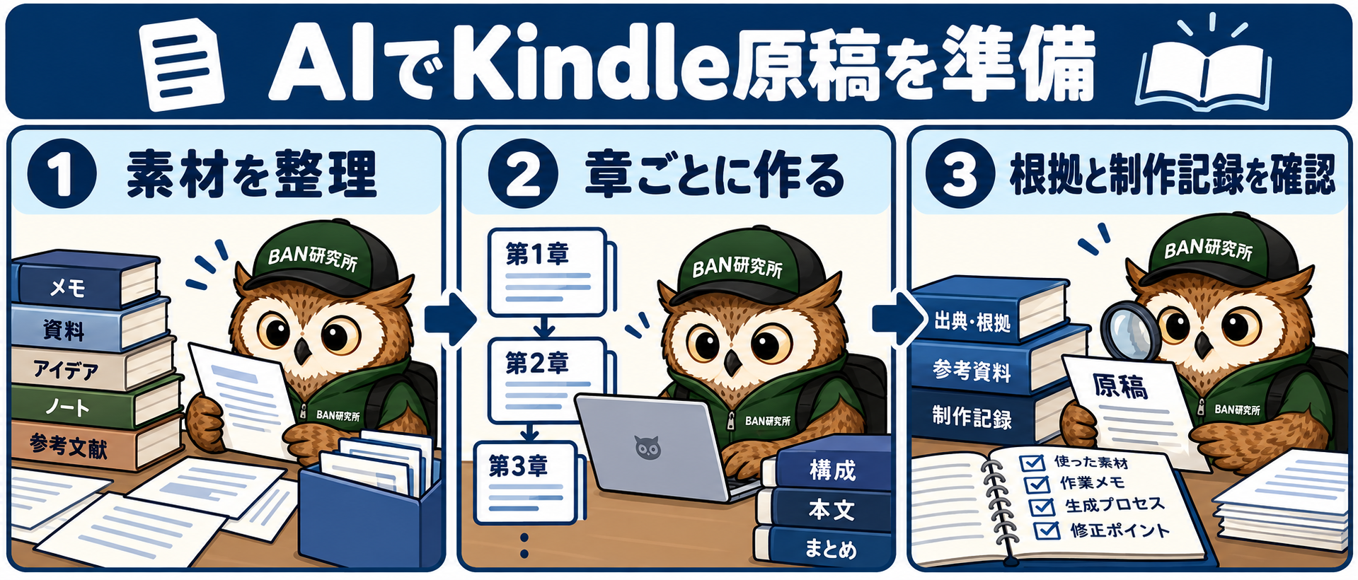 AIでKindle原稿を作る前の準備|素材整理・目次・指示例と確認チェックリストで確認するポイントを、梟のむねさんが三コマで説明する漫画
