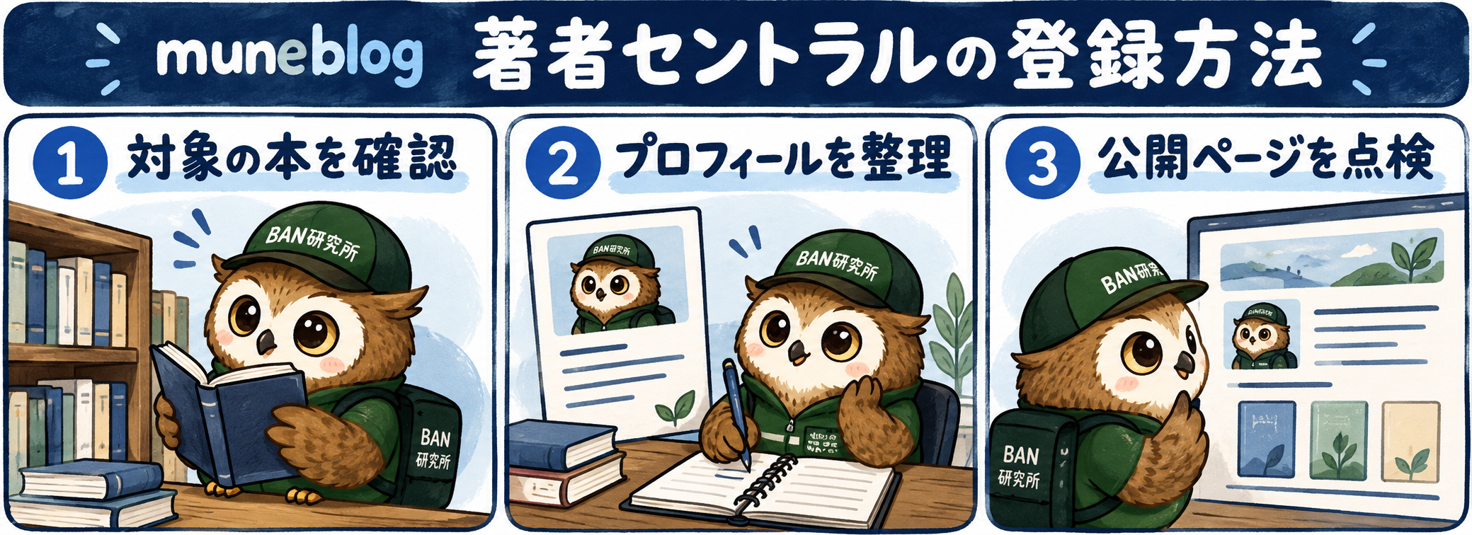 著者セントラルの登録方法|Kindle本の追加・プロフィール・表示確認までで確認するポイントを、梟のむねさんが三コマで説明する漫画