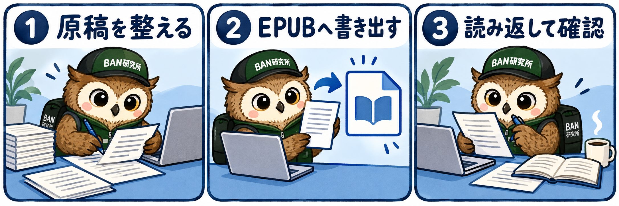 MacのPagesでKindle原稿を作る方法|縦書き・EPUB書き出し・目次の確認で確認するポイントを、梟のむねさんが三コマで説明する漫画