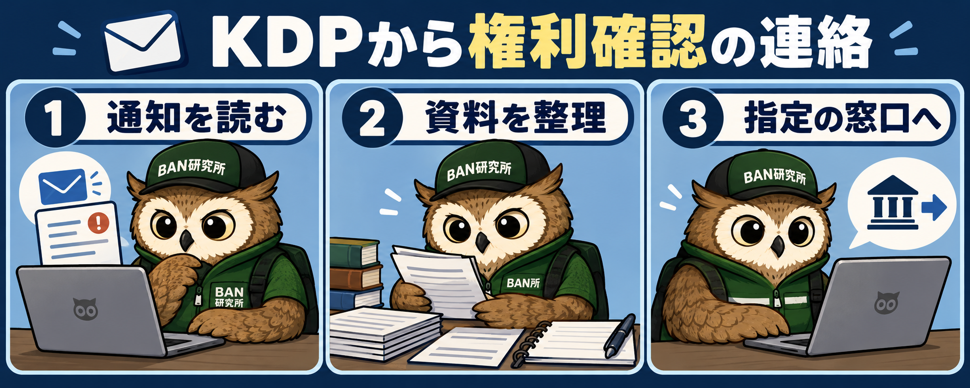 KDPから本の権利確認メールが届いたら?資料・返信・ブログ掲載との確認手順で確認するポイントを、梟のむねさんが三コマで説明する漫画