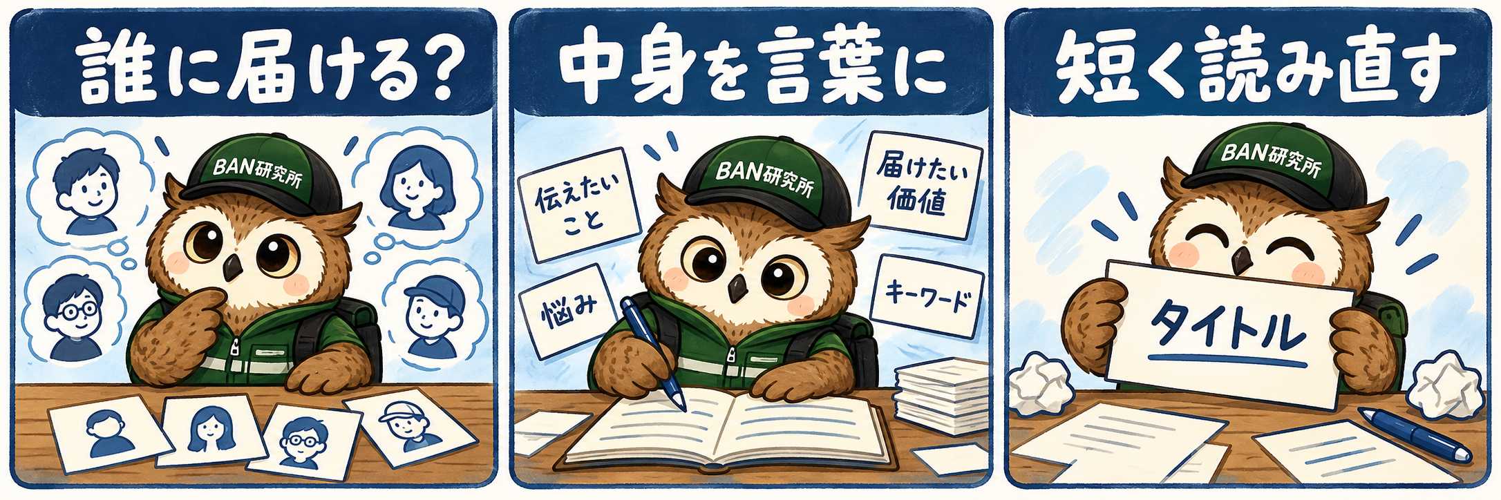 Kindle本のタイトルの決め方|読者と内容が伝わる四つの型・確認手順で確認するポイントを、梟のむねさんが三コマで説明する漫画