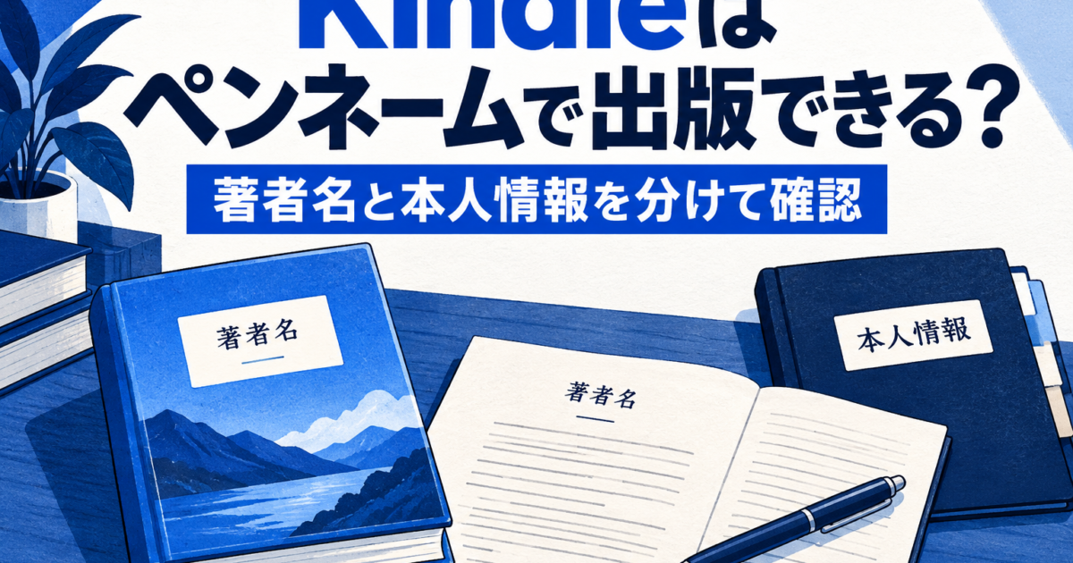 Kindleのペンネーム出版。著者名とKDPの本人情報を分けて考えるタイトル入りイラスト。