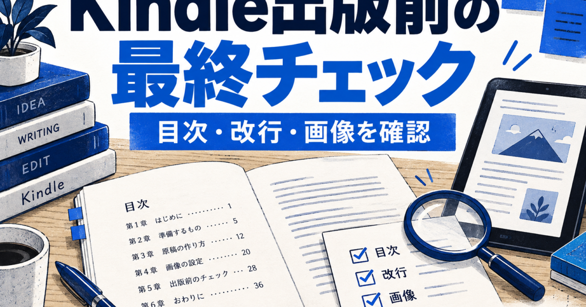 Kindle出版前の最終チェック。目次、改行、画像を原稿と端末で確認するタイトル入りイラスト。