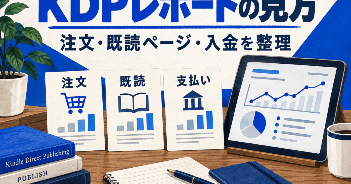 KDPレポートの見方。注文、既読ページ、支払いの違いを示すタイトル入りイラスト。
