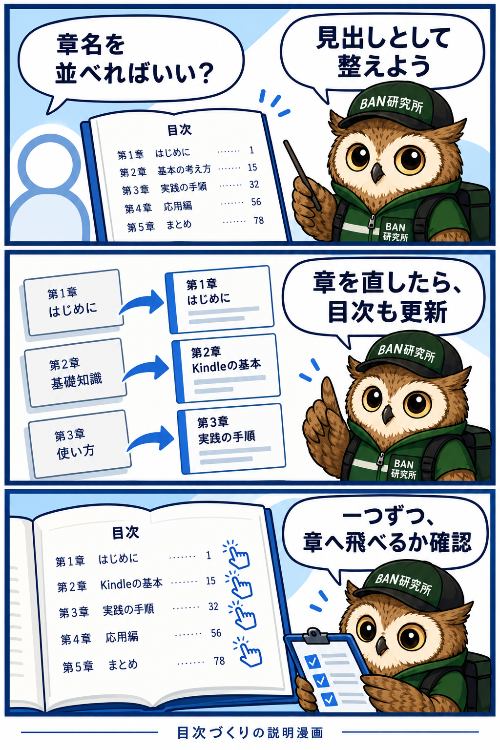 梟のむねさんが見出しを整え、目次を更新し、章へ移動できるか確認する説明漫画