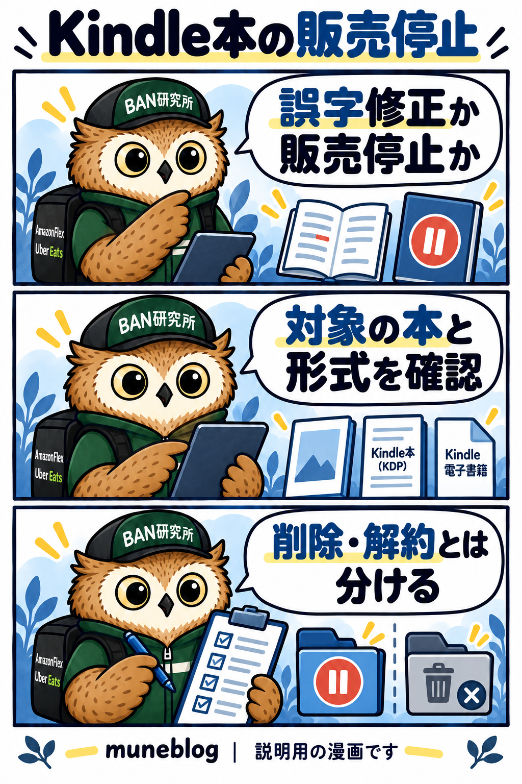 梟のむねさんが原稿修正と販売停止の違い、対象の本と形式、削除や解約との区別を確認する漫画