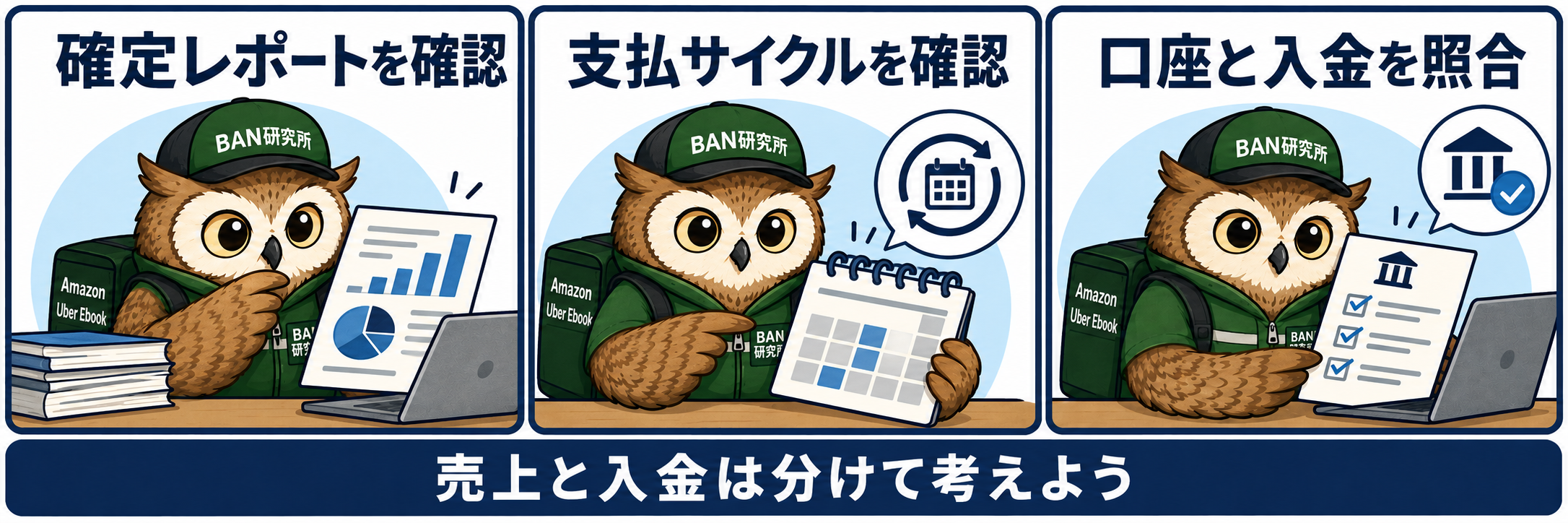 確定レポート、支払サイクル、口座と入金の照合を示す横3コマ漫画