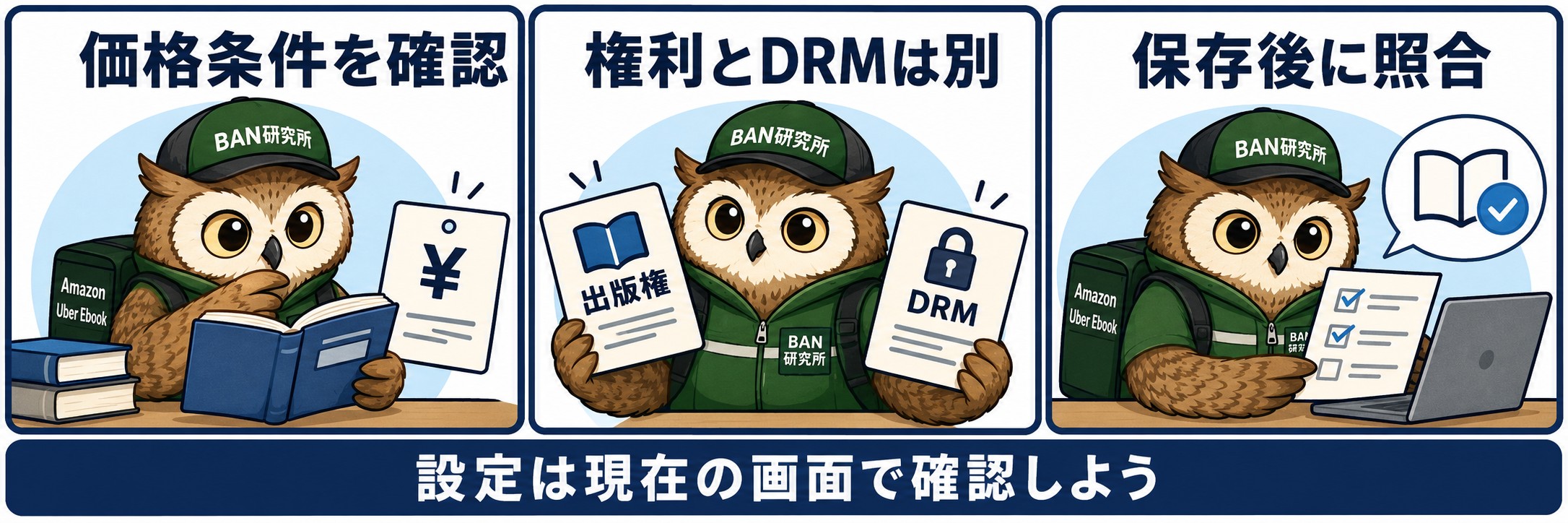 価格条件、出版権とDRMの区別、保存後の照合を示す横3コマ漫画