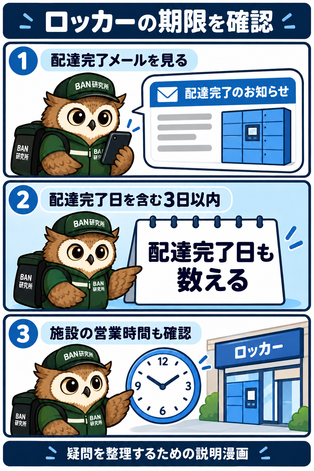 梟のむねさんが配達完了メール、配達完了日を含む日数、施設の営業時間を確認する説明漫画