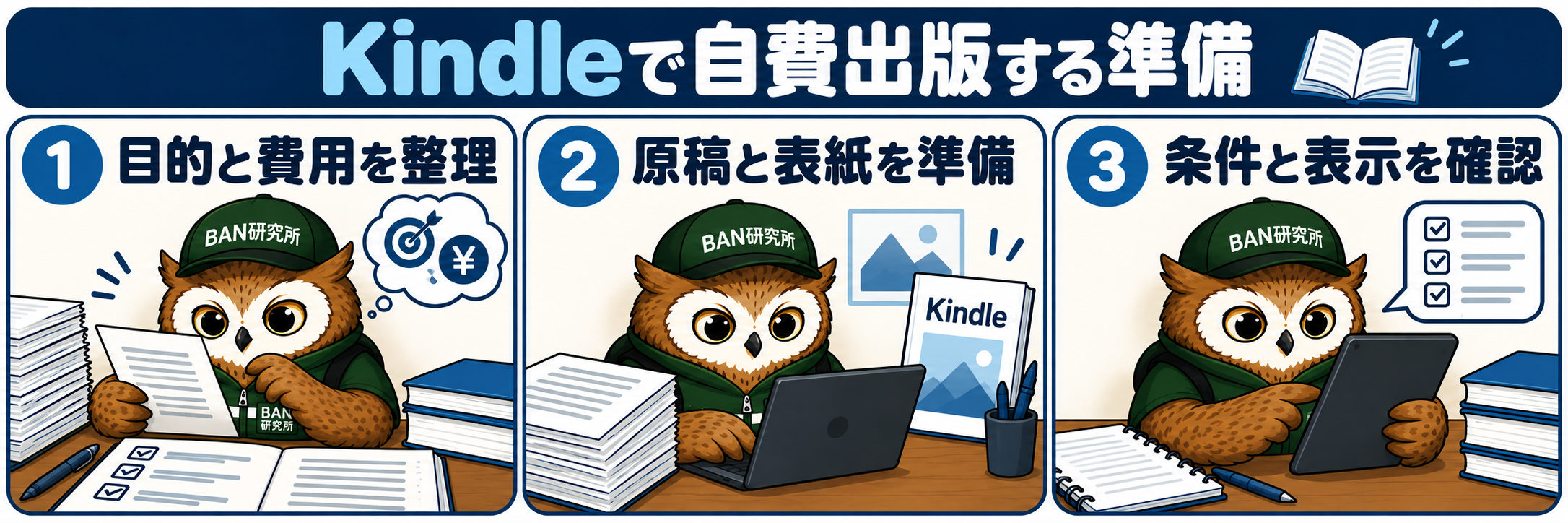 【簡単】Amazon Kindleで自費出版するメリットと出版手続きで確認するポイントを、梟のむねさんが三コマで説明する漫画
