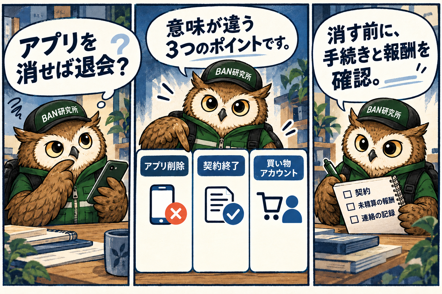 アプリ削除・Flexの契約終了・買い物アカウントを分け、手続きと未精算報酬を確認しましょう。