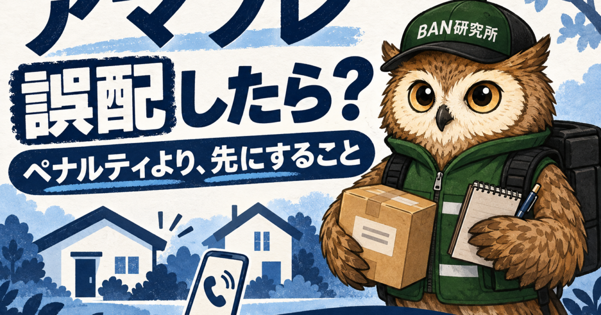 アマフレで誤配したときの初動を案内するタイトル入りアイキャッチ。緑の帽子と作業着の梟むねさん。