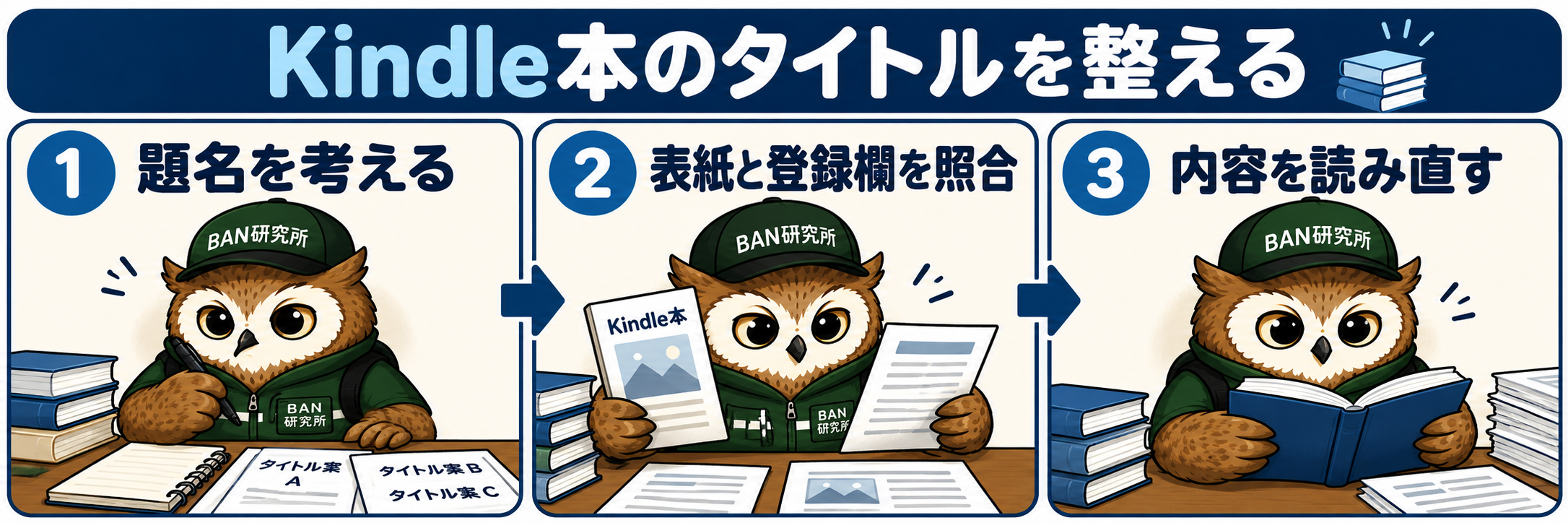 Kindle出版のタイトル禁止事項|表紙・サブタイトル・登録欄の確認手順で確認するポイントを、梟のむねさんが三コマで説明する漫画