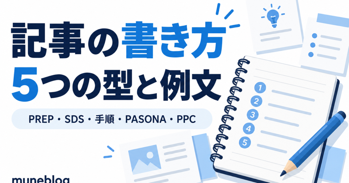 記事の書き方を5つの型と例文で解説する青白のアイキャッチ